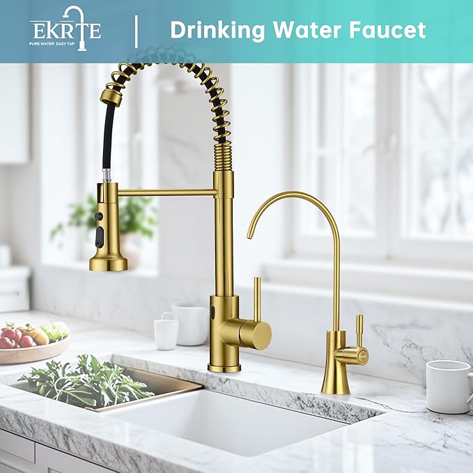 EKRTE Brushed Gold Water Filter Faucet, Water Filtration Faucet Brushed Gold Drinking Water Faucet for Kitchen Sink