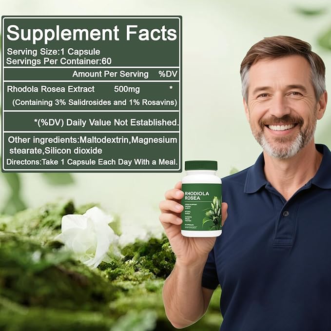 Rhodiola Rosea Organic Capsules, Rhodiola Rosea Supplement, Adaptogenic Herb for Daily Stress Support & Energy Balance – 500mg per Serving – 60 Vegan Capsules (1)