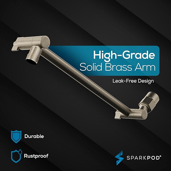 SparkPod Round Rain Shower Head with Shower Head Extension Arm - High Pressure Rain - Luxury Modern Look - No Hassle Tool-less 1-Min Installation (11" Shower Arm Extension, Elegant Brushed Nickel)
