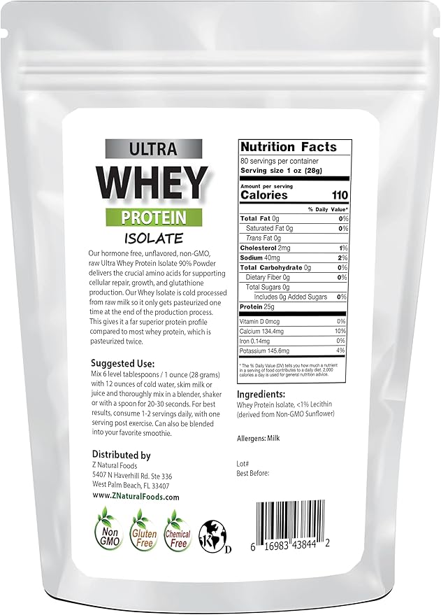 Z Natural Foods Ultra Whey Protein Isolate Powder - Pure, Unflavored, Unsweetened Whey Protein Powder - Flavorless Whey Isolate with Vital Proteins for Fitness, Sports Nutrition, Immune Support, 5 lb