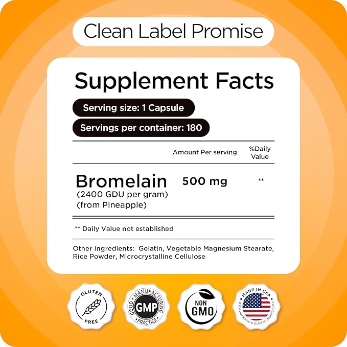 Balancebreens Bromelain 500mg Capsules – 2400 GDU Pineapple Extract Supplement for Joint Support, Natural Swelling Support, and Healthy Digestion – 180 Organic Capsules Made in USA