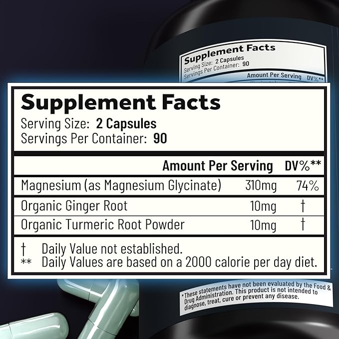 Magnesium Glycinate Capsules with Organic Turmeric and Ginger - 180 Vegan Capsules for Sleep, Relaxation, Muscle Cramps and Immune Support
