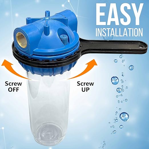 10 Inches Transparent Standard Whole House Water Filter System with Presser Relief Valve, 3/4” Inlet/Outlet Brass Port and Yearly Supply 3 Granular Activated Carbon Cartridges