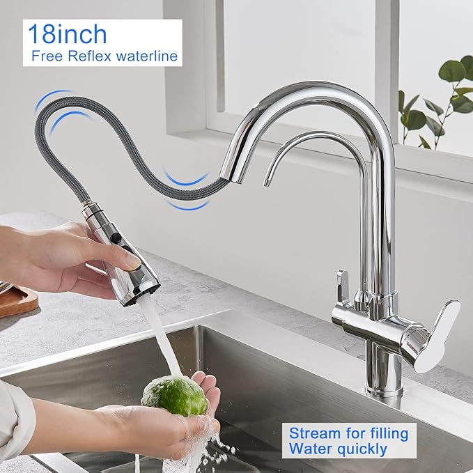 3 in 1 Kitchen Faucet with Drinking Water Faucet, 2 Handle Pull Down Kitchen Sink Faucet Water Filter Purifier Faucets (Chrome)
