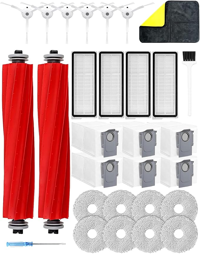 Yivy Vacuum Cleaner Replacement parts Compatible with Roborock Qrevo pro/Qrevo MaxV/Qrevo S/Qrevo plus,2 Main Brush Roller,6 White Side Brush,4 Hepa Filters,8 Mop Pads,6 Dust Bags (White-29)