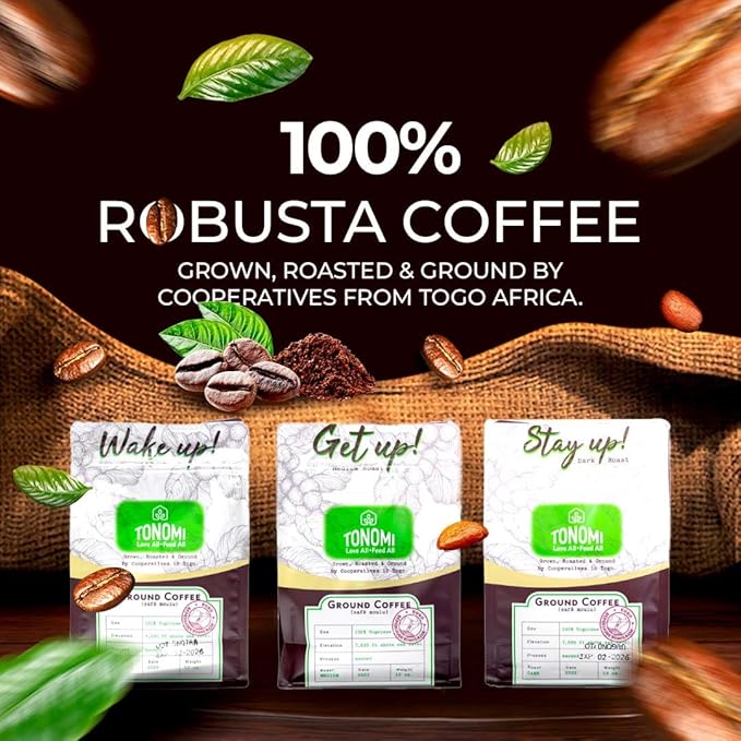 Tonomi Stay Up! Dark Roast Ground Coffee - All Natural Blend with Hint of Vanilla, Chocolate & Caramel - Coarse Grounds for Cold Brew or Traditional Brewing - Caffeine Packed, 12oz