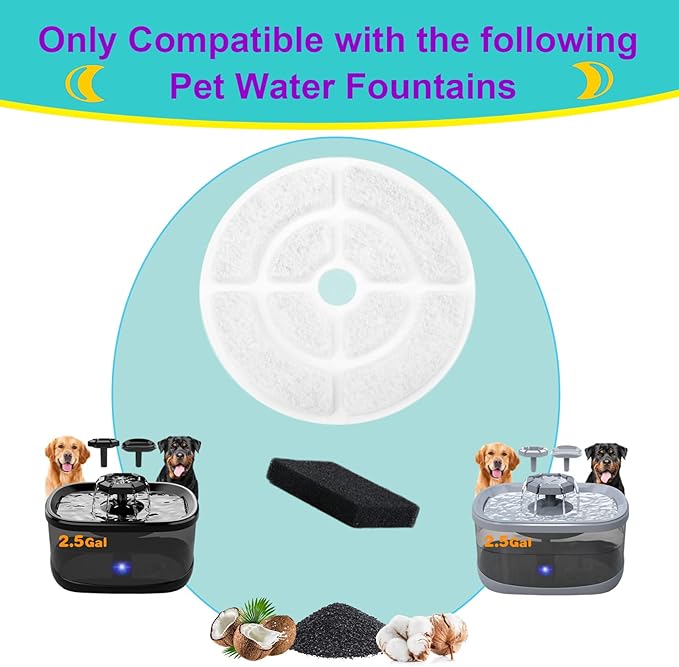 6 Pack Dog Water Filter Replacement for 2.5Gal/9.5L Dog Water Fountain,18CM Larger More Activated Carbon Cat Water Fountain Filter,Pet Fountain Filter Replacement