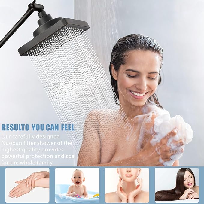 High Pressure Rain Shower Head with Filtered - 6" Square Showerhead Filter for Remove Chlorine and Harmful Substances, Improve Hair and Skin Problems, Oil Rubbed Bronze