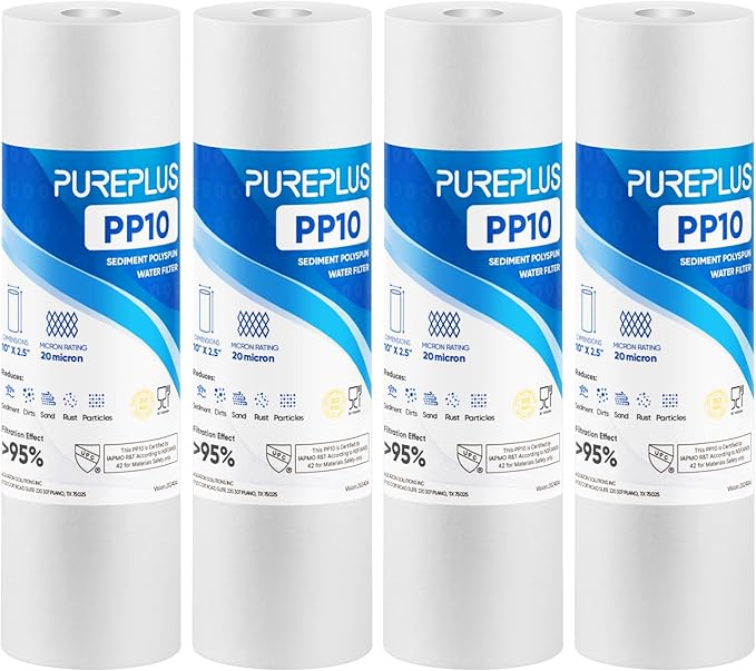 PUREPLUS 20 Micron 10" x 2.5" Whole House Sediment Home Water Filter Cartridge Replacement for Any 10 inch RO Unit, Culligan P5, Aqua-Pure AP110, Dupont WFPFC5002, CFS10, WHKF-G05, 4Pack
