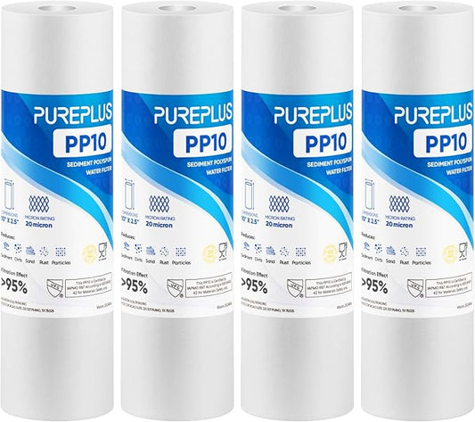 PUREPLUS 20 Micron 10" x 2.5" Whole House Sediment Home Water Filter Cartridge Replacement for Any 10 inch RO Unit, Culligan P5, Aqua-Pure AP110, Dupont WFPFC5002, CFS10, WHKF-G05, 4Pack
