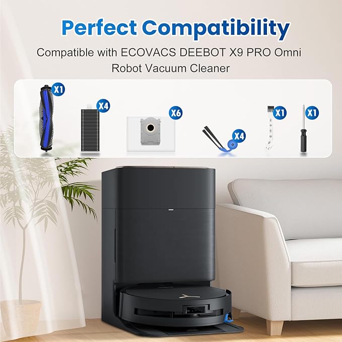19 Pack Replacement Accessories Kit Compatible with ECOVACS DEEBOT X9 Pro Omni Robot Vacuum, 1 Main Brush, 6 Dust Bag, 4 HEPA Filter, 2 Mopping Roller, 4 Side Brush