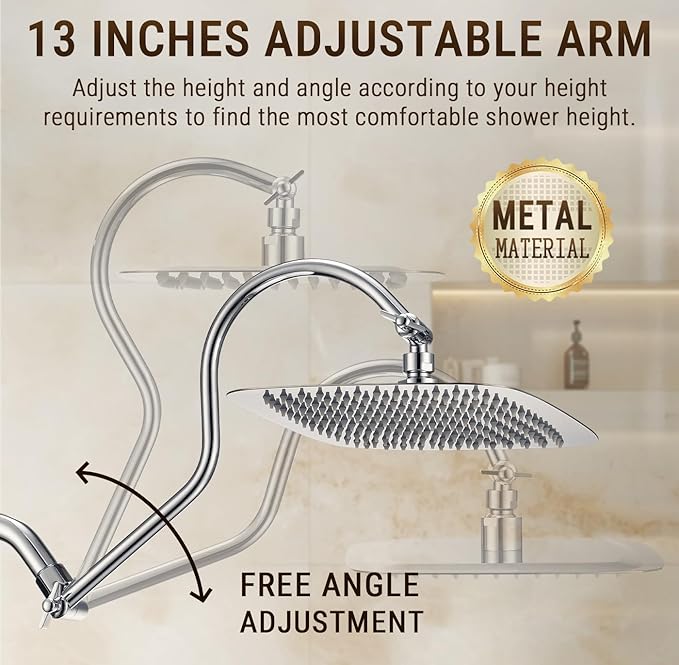 G-Promise 14 Inches Shower Heads with Massage Mode Handheld Sprayer Combo, 3 Way Metal Extended Diverter and Metal Adjustable Extension Arm, Stainless Steel Hose