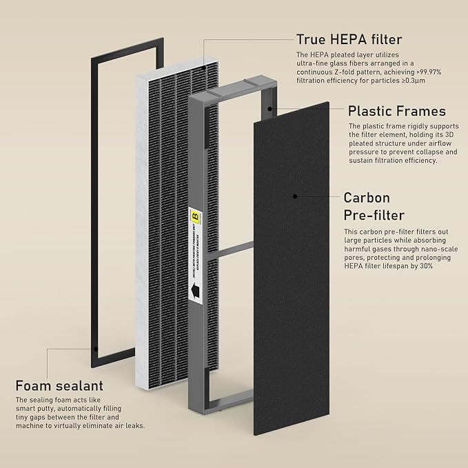 Filter B Smoke Clear HEPA Replacement Compatible with AC4825 AC4300 AC4800 AC4900 AC4850, 2 True HEPA Filters & 6 Activated Carbon Pre-Filters, FLT4825SM, Black/Gray