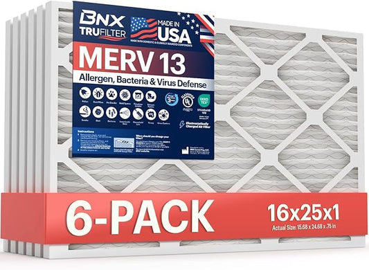 BNX TruFilter 16x25x1 Air Filter MERV 13 (6-Pack) - MADE IN USA - Electrostatic Pleated Air Conditioner HVAC AC Furnace Filters for Allergies, Pollen, Mold, Bacteria, Smoke, Allergen, MPR 1900 FPR 10
