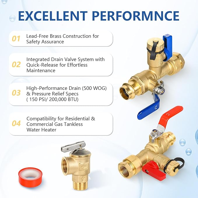 3/4 Inch GUOFIS IPS Tankless Water Heater Valve Kit with Pressure Relief Valve(3/4"FIPx 3/4" Press),5 Set Water Heater Valve Kit