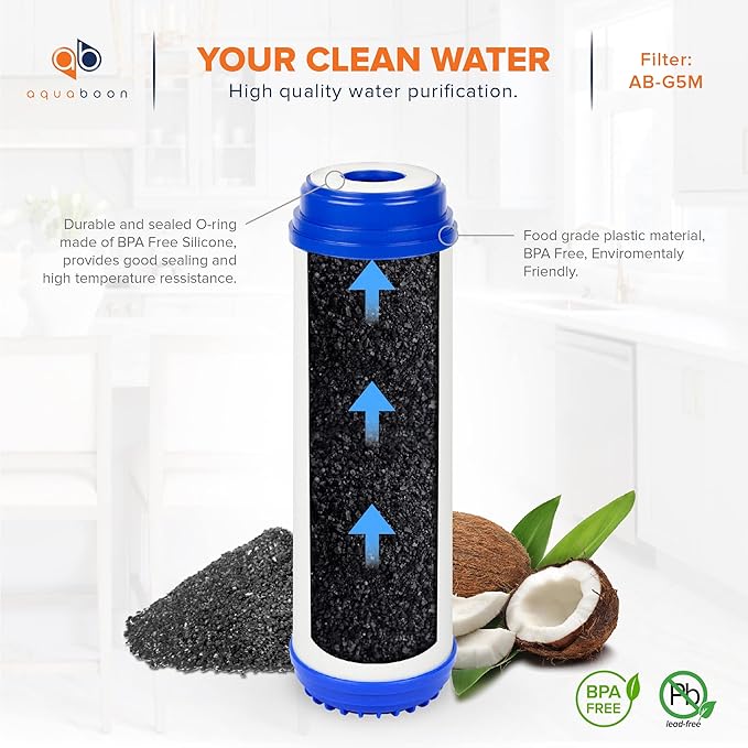 Aquaboon 5 Micron 10 x 2.5 Granular Activated Carbon Water Filter Cartridge GAC Water Filter Replacement Compatible with AP117, GAC-10, GAC1, 6 Pack