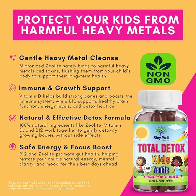 Natural Zeolite Heavy Metal Detox Kids, Chewable Gummy, Micronized Zeolite, Total Body Metal Cleanse, Toxin Cleanse, Non-GMO, 60 Mixed Berry Gummies