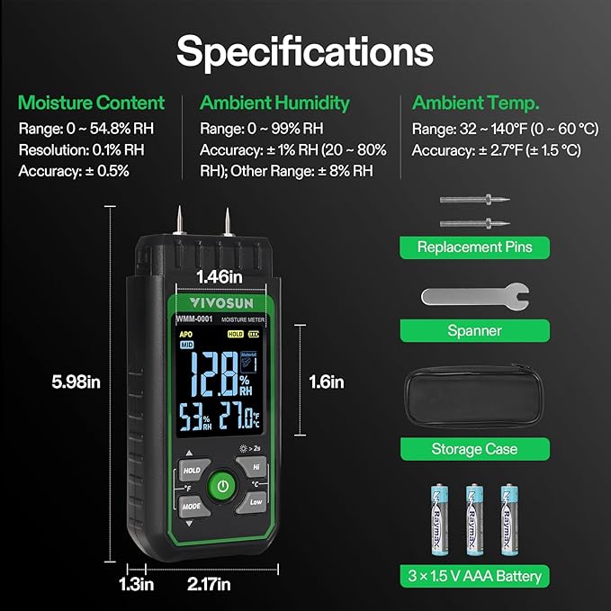 VIVOSUN Wood Moisture Meter, 3-In-1 Pin-Type Digital Moisture Tester, Ambient Temp & Humidity Tester, 7 Modes, Color Backlit Screen, for Wood, Walls, Bricks, Dried Flowers