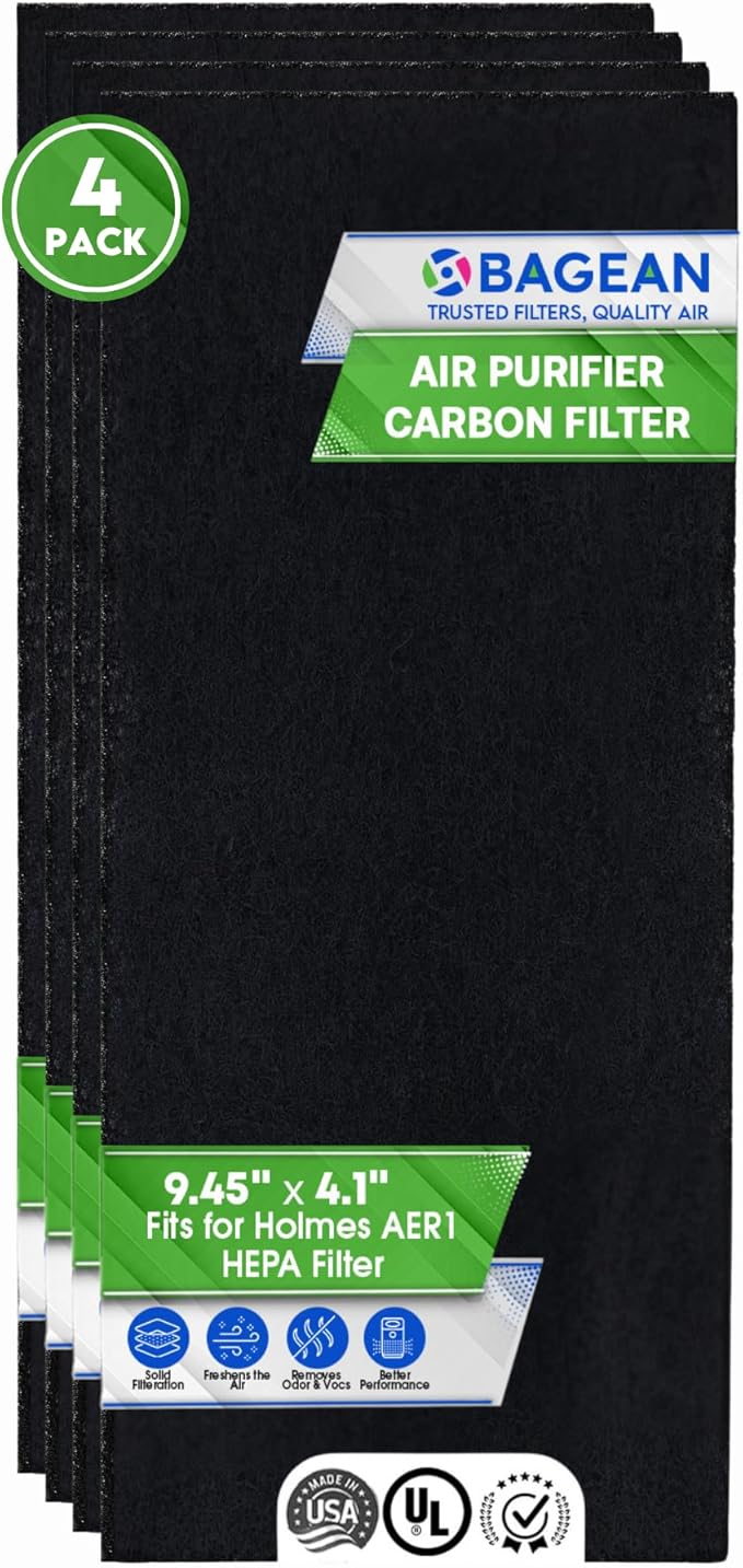 Bagean Activated Carbon Pre Filter 9.5" x 4.1" Compatible with Bionaire & Holmes AER1 Filter Replacement - Fits AER 1 Holmes Air Purifier Filters - Removes Odors and Freshen the Air (4-Pack)