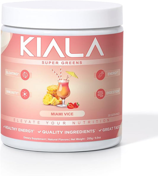 Kiala Nutrition Super Greens, Organic Greens Powder with Spirulina & Chlorella for Digestion, Gut Health, Immunity, Energy, Gluten Free, Vegan, Sugar Free, Spectra Blend, Miami Vice Flavor 30 Servings