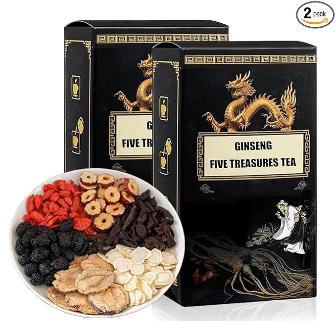 Ginseng Five Treasures Tea, kidney tea formula ginseng six treasure, Pure Chinese Herbal Medicine liver care, 5 Precious Ingredients Formula (2pcs)