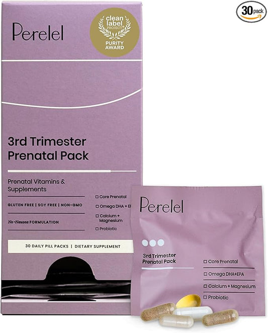Perelel 3rd Trimester Prenatal Pack, Multivitamin with Magnesium, Omega 3, Probiotics & Calcium, Nutritional Support for Third Trimester Wellness, Soy & Gluten Free, Non GMO, 30 Daily Pill Packs