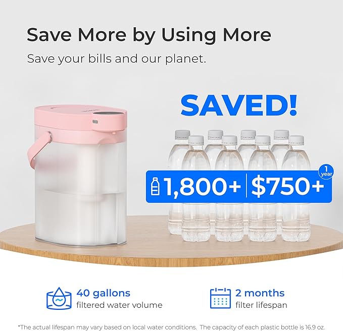 Waterdrop FreshTaste Electric Water Filter Pitcher, Rechargeable Powerful Dispenser, 17-Cup Instant Countertop Purifier, Reduce Chlorine, Lead, Copper, Purify, Soften Water, Pink, Does not Lower TDS