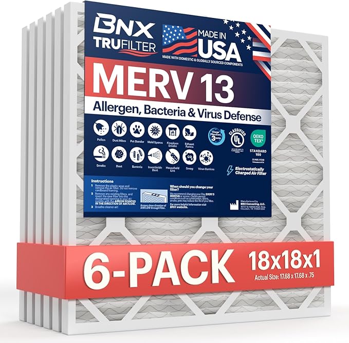 BNX TruFilter 18x18x1 Air Filter MERV 13 (6-Pack) - MADE IN USA - Electrostatic Pleated Air Conditioner HVAC AC Furnace Filters for Allergies, Pollen, Mold, Bacteria, Smoke, Allergen, MPR 1900 FPR 10