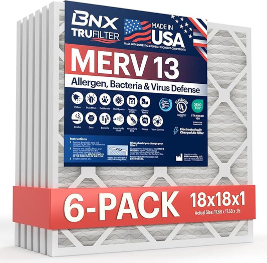 BNX TruFilter 18x18x1 Air Filter MERV 13 (6-Pack) - MADE IN USA - Electrostatic Pleated Air Conditioner HVAC AC Furnace Filters for Allergies, Pollen, Mold, Bacteria, Smoke, Allergen, MPR 1900 FPR 10