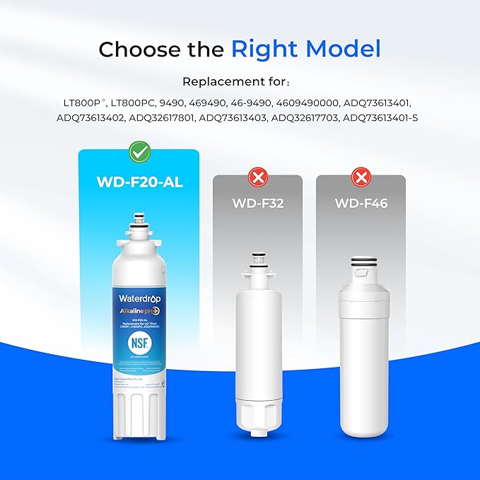 Waterdrop 𝐀𝐥𝐤𝐚𝐥𝐢𝐧𝐞 ADQ73613401 Water Filter, 𝐄𝐧𝐡𝐚𝐧𝐜𝐞𝐬 𝐩𝐇, Replacement for LG® LT800P®, ADQ73613402, ADQ75795104, LSXS26326S, LMXC23746S, LSXS26366S, LSXS26386D, 2 Filters