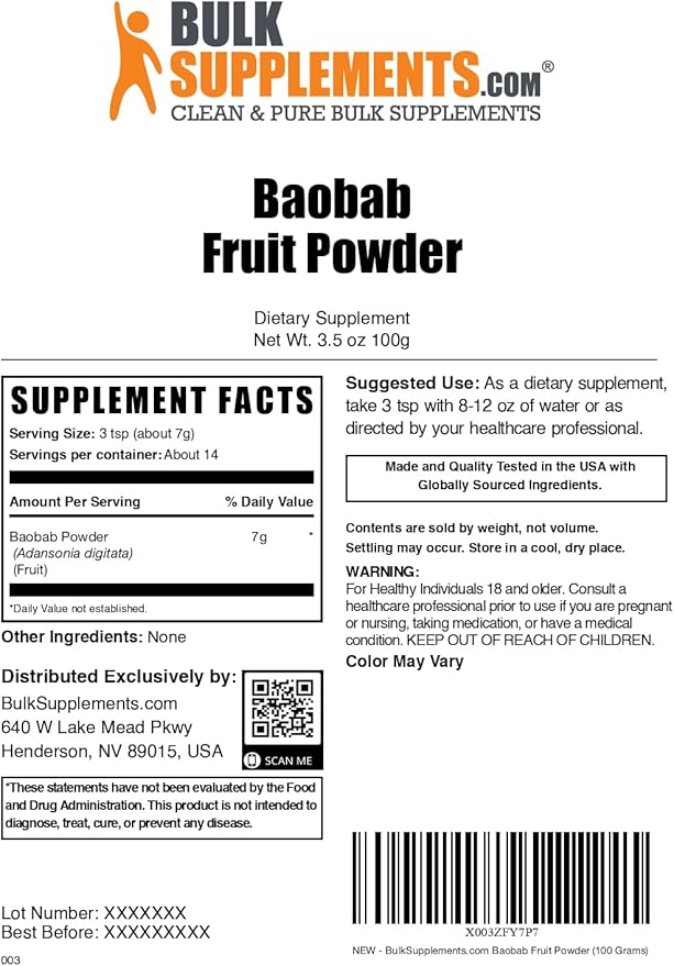 BulkSupplements.com Baobab Fruit Powder - Baobab Supplement, Antioxidant Supplement - Gluten Free, 7g per Serving, 100g (3.5 oz) (Pack of 1)