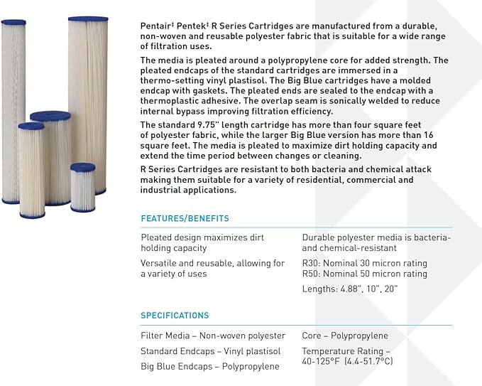 Pentair Pentek R30-BB Big Blue Sediment Water Filter, 10-Inch, Whole House Pleated Polyester Filter Cartridge, 10" x 4.5", 30 Micron