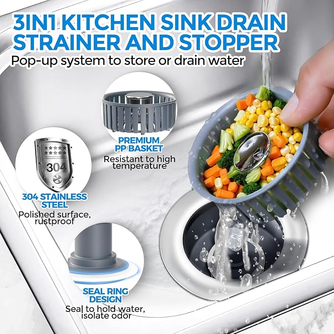 zaa 2 Pack 3 in1 Kitchen Sink Drain Strainer & Sink Stopper, Pop Up Stainless Steel Kitchen Drain Plug & Cover with Anti-Clogging Basket Strainer, Fit US Standard 3-1/2'' Drain Hole