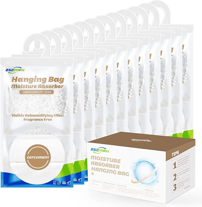 ZSZMFH 12 Pack Moisture Absorber Hanging Bags, Fragrance Free Humidity Packs, 15 OZ Dehumidifier Bags Effectively Trap Extra Moisture,Hanging Closet Dehumidifier Bags-425g/pack