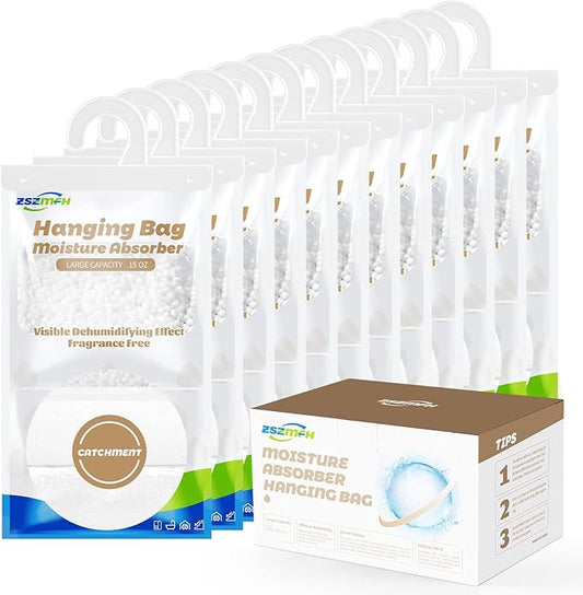 ZSZMFH 12 Pack Moisture Absorber Hanging Bags, Fragrance Free Humidity Packs, 15 OZ Dehumidifier Bags Effectively Trap Extra Moisture,Hanging Closet Dehumidifier Bags-425g/pack