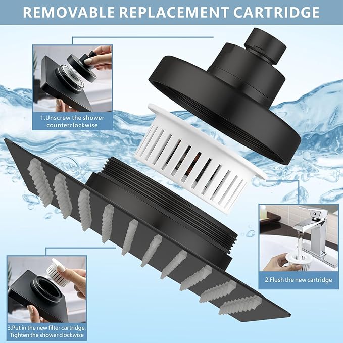 Large Rain Shower Head with Filtered - 12" All Metal Square Rainfall Showerhead Filter for Remove Chlorine and Harmful Substances, Matte Black