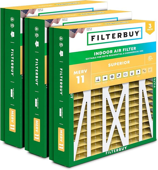 Filterbuy 24.5x27x5 Air Filter MERV 11 (MPR 1200) Allergen Defense (3-Pack), Pleated HVAC AC Furnace Filters for Trane, American Standard, Honeywell, & Accumulair (Actual Size: 24.06 x 26.13 x 4.97)