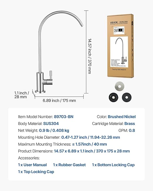 VEVOR Water Filter Faucet, RO Faucet with Lead-Free Brass Valve, 304 Stainless Steel, 0.8GPM Kitchen Drinking Water Faucet, Fits Most Reverse Osmosis & Water Filtration Systems, Brushed Nickel