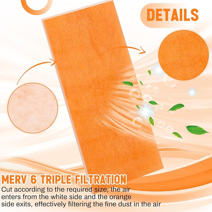 1 In x 25 In x 10 Ft Air Vent Filters Roll DIY Cut to Size Air Filter material Roll Orange and White Polyester Air Filter Media for HVAC Furnace Aquarium Window Floor Vent