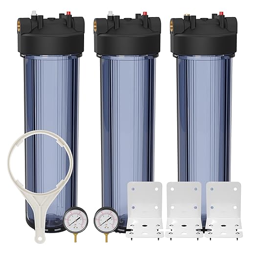 Max Water Whole House 20" x4.5" Purple Clear WH Water Filter Housing 1 inch Inlet/Outlet Ports with Pressure Gauge Wrench and Bracket (3 Housing + 2 Pressure Gauge)