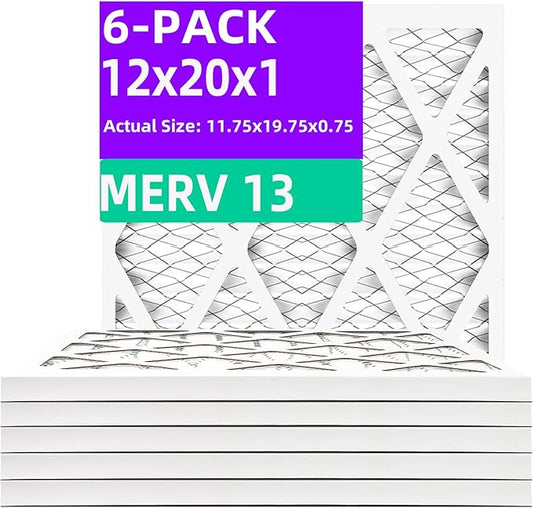 12x20x1 MERV 13 (6-Pack) Pleated Air Filter (Actual Size: 11.75"x19.75"x0.75") MPR 1900 & FPR 10, Furnace Air Filters