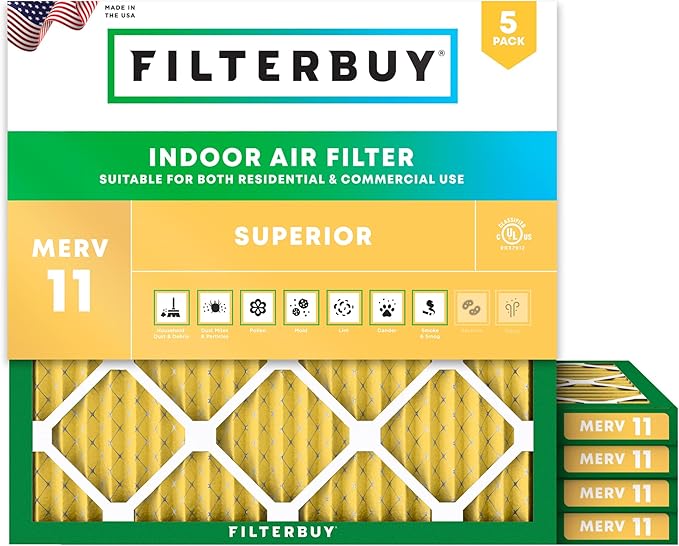 Filterbuy 24x24x1 Air Filter MERV 11 (MPR 1200) Allergen Defense Replacement (5-Pack), Electrostatic Pleated HVAC AC Furnace Filters, Made in USA (Actual Size: 23.38 x 23.38 x 0.75)