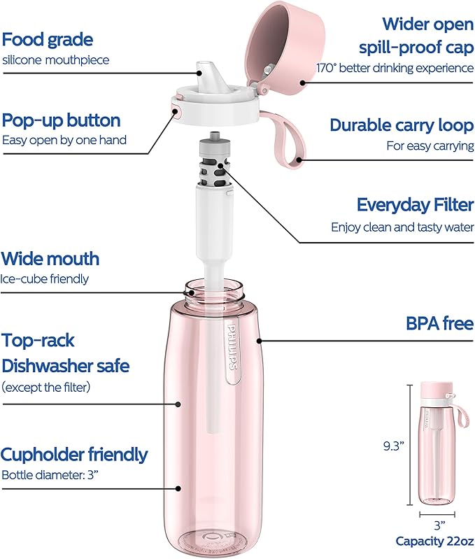 PHILIPS Filtered Water Bottle, BPA-Free Tritan Plastic Water Bottles, Replaces 450 Plastic Water Bottle with Reusable GoZero Everyday Water Filter, Portable Filtering Bottle for Travel, 22 oz, Pink