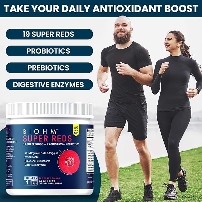 BIOHM Super Reds, Beet Root Powder Antioxidant Beets and Smoothie Mix with Tart Cherry Extract and 19 Red Whole Foods Packed with Prebiotics and Probiotics, Non-GMO, Red Berry Flavor (30 Servings)