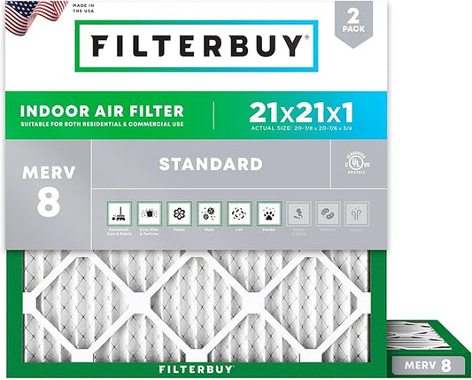 Filterbuy 21x21x1 Air Filter MERV 8 (MPR 700) Dust Defense Replacement (2-Pack), Electrostatic Pleated HVAC AC Furnace Filters, Made in USA (Actual Size: 20.88 x 20.88 x 0.75)