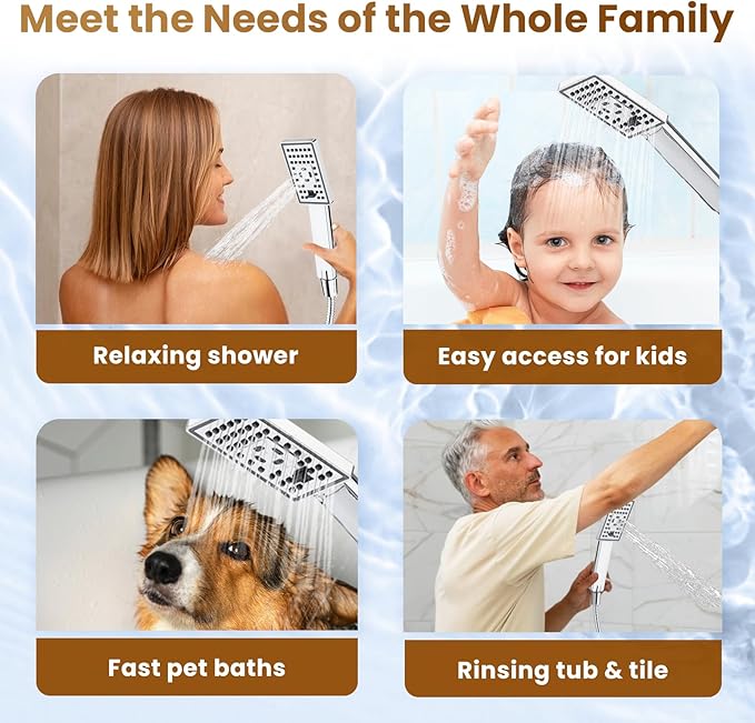 BRIGHT SHOWERS Rain Shower Head with Handheld Spray, 8 Inch High Pressure Rainfall Shower Head Combo with 60” Hose, Adjustable Dual Square Showerhead with 3-Way Diverter, Wall Bracket, Chrome