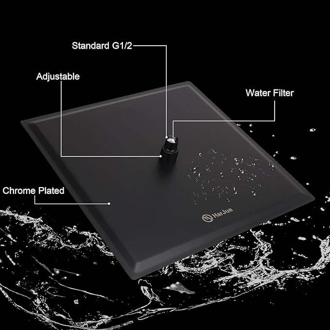 HarJue Shower Head with Extension Arm, High Pressure Square with ShowerArm, Stainless Steel Rainfall-Waterfall Full Body Coverage (10'' Shower with 16'' Arm, Matte Black)