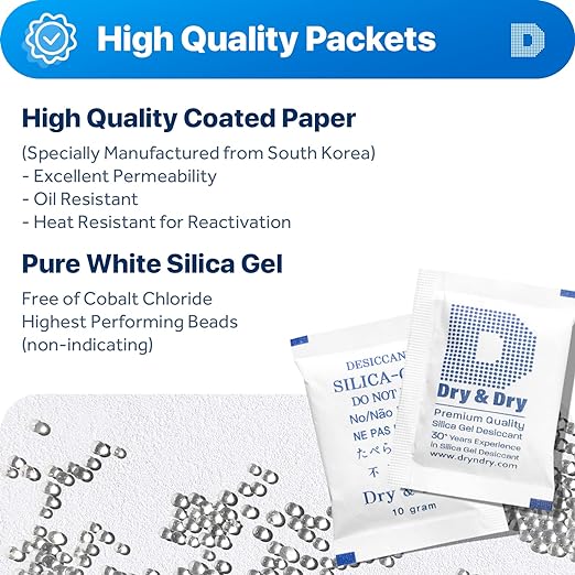 10gm Pack of 20 Dry&Dry Premium Pure & Safe Silica Gel Packets Desiccant Dehumidifier - Rechargeable Paper(FDA Compliant)