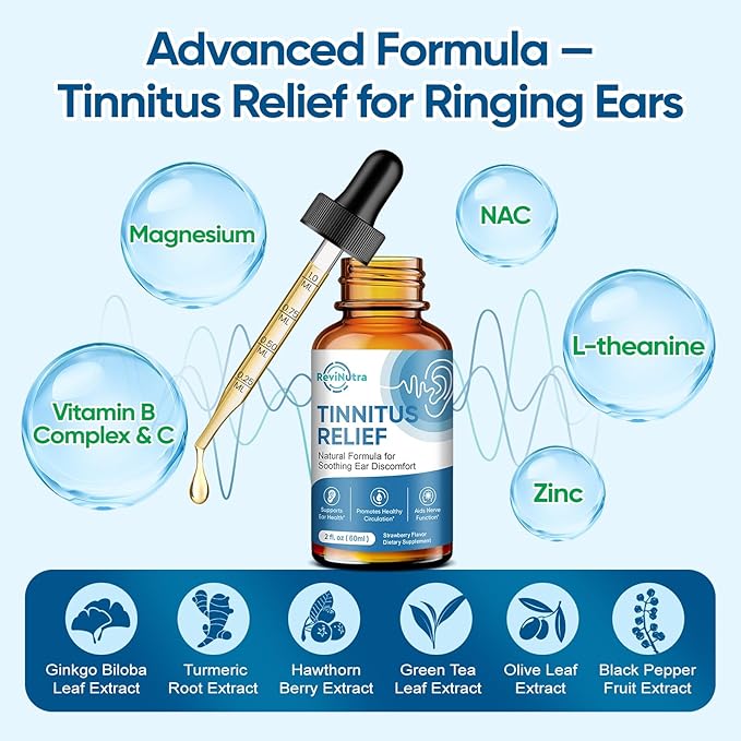 Tinnitus Relief for Ringing Ears, Ear Tinnitus Relief Drops, Herbal Ringing Relief with Ginkgo Biloba, Vitamin C, B12 for Ear Clicking Buzzing, Improving Hearing for Men and Women, Strawberry 2 Fl Oz