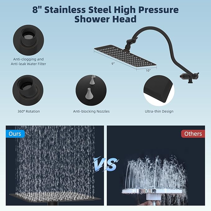 Hibbent All Metal Shower Head, 8'' High Pressure Rainfall Shower Head/Handheld Showerhead Combo with 12'' Adjustable Curved Shower Extension Arm, 10-Spray, 71'' Hose, Shower Holder, Oil Rubbed Bronze